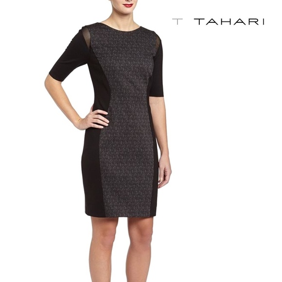T Tahari Dilana Dress Rayon Blend Sheath Scuba Ashen Mesh Inserts Stretch Lined - Picture 1 of 16
